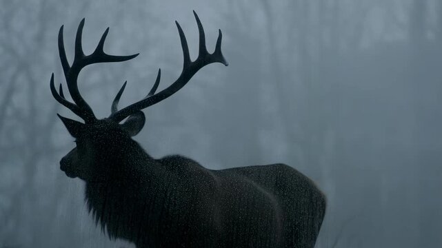 Stag turns its head in a misty forest as rain falls around its antlers