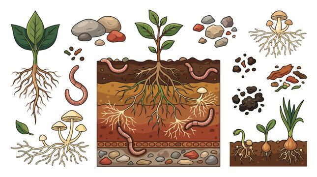 Illustration of soil ecosystem with plants and organisms