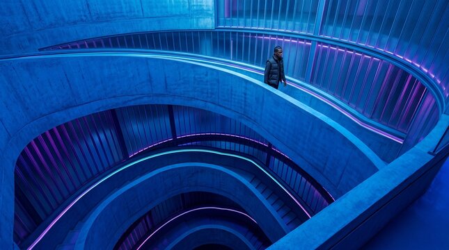 Man Walking Down Modern Futuristic Spiral Staircase