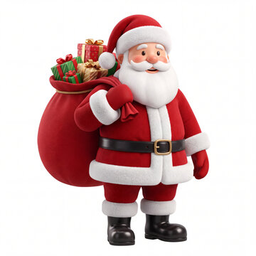 3D Santa Claus Carrying a Christmas Gift Sack on White Background