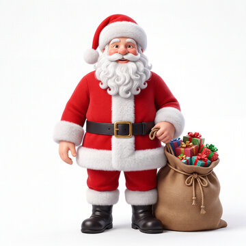 3D Santa Claus Holding a Christmas Gift Sack on White Background