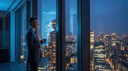Fototapeta premium Reflective businessman in a suit looking out high-rise office window at night city skyline, capturing corporate success and leadership vision for business strategy and executive lifestyle.