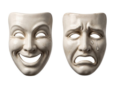 Realistic comedy and tragedy theater masks on black background, capturing the dualism of human emotion for drama education, mental health awareness, and theatrical arts posters.
