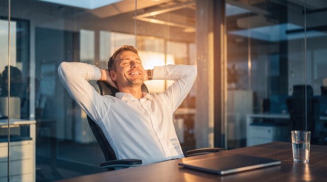 Satisfied businessman leaning back in office chair with hands behind head, capturing career achievement and workplace wellness for corporate culture and human resources marketing.