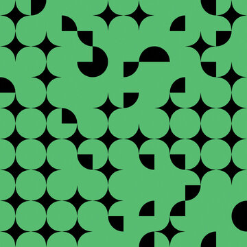 Geometric green and black abstract pattern background with circular shapes and star motifs