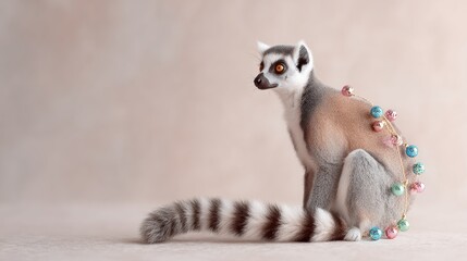 Obraz premium Lemur holding glittery ornaments on neutral background - festive animal theme