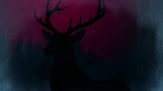 Stag turns to a side profile against a red sky in a dark forest illustration