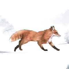 Obraz premium Hand-drawn fox in the snow watercolor style