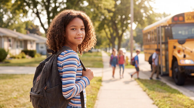Girl with a backpack waiting at a rural bus stop as a school bus approaches along a tree-lined road.