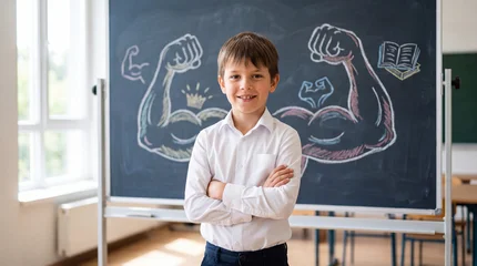 Confident schoolboy standing in a classroom with a chalkboard showing drawings of strength, education, and personal growth. © Curioso.Photography