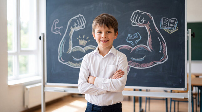 Confident schoolboy standing in a classroom with a chalkboard showing drawings of strength, education, and personal growth.