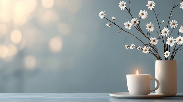 Calm scene with white flowers, candle, and cup.