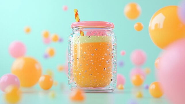 Refreshing orange juice in mason jar with pink lid and straw, surrounded by colorful spheres.