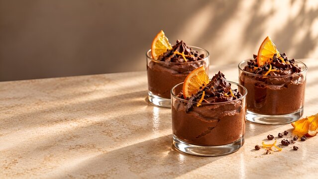 Chocolate mousse dessert with orange slice topping in glasses
