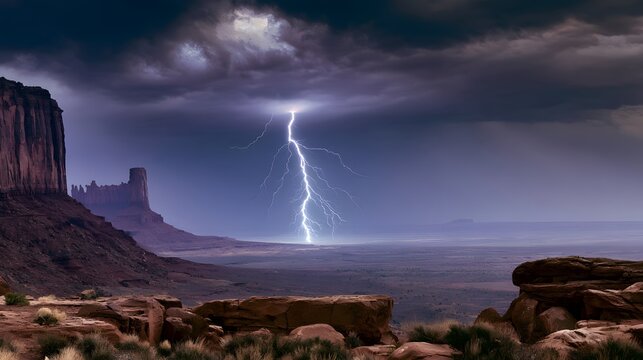 Lightning bolt striking desert horizon behind red rock mesas