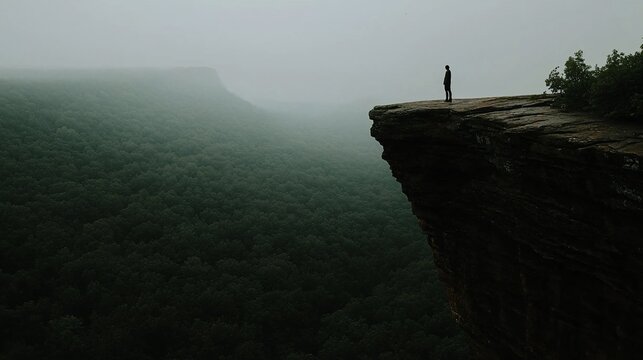 Person standing on cliff edge overlooking misty forest valley.