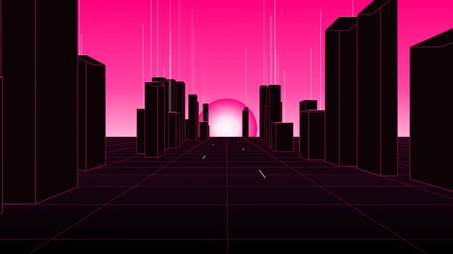 Retro synthwave cityscape with neon pink glow vibrant digital wireframe buildings futuristic urban r