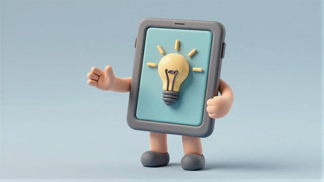 Cute clay tablet character with light bulb, symbolizing ideas and innovation.