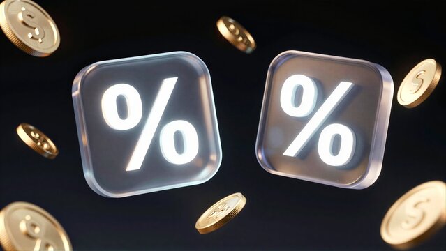 Shiny percentage symbols float among golden coins, symbolizing financial gain.