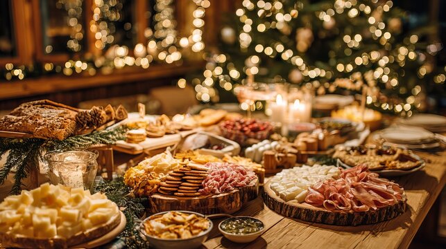 Festive holiday dinner table laden with gourmet charcuterie boards, artisan cheeses, crackers, and sparkling lights illuminating cozy interior celebration