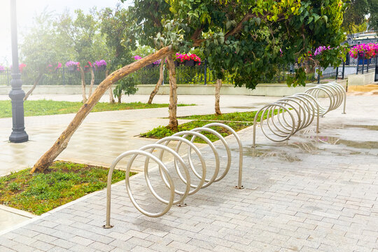 Row of spiral stainless steel bicycle racks curving along a paved park path beneath a leaning tree trunk, empty urban cycling parking near flower beds and a lamppost.