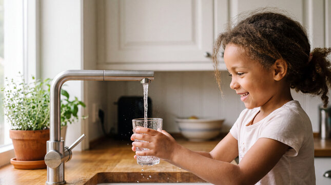 Girl drinking a glass of fresh water in a bright kitchen, representing hydration, health, and healthy living.