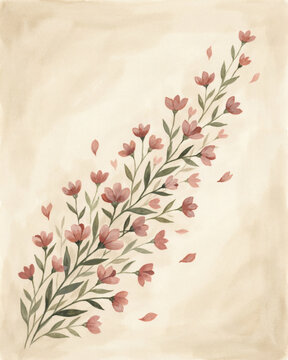 Elegant Watercolor Floral Branch Illustration with Soft Pink Blossoms on a Vintage Parchment Texture Background for Botanical Wall Art