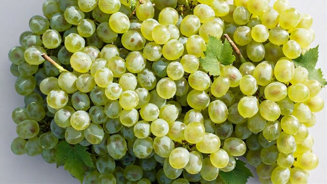 Full frame top view background texture of fresh green white grape bunches harvest