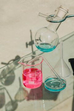 Laboratory glassware with colorful chemical solution experiment