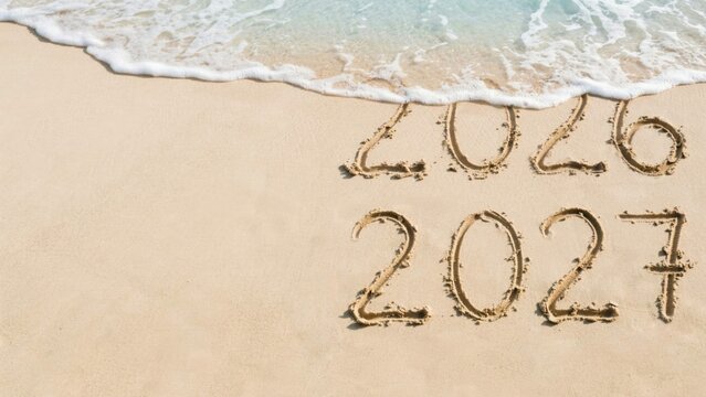 2026 and 2027 written in the sand on a beach with ocean waves