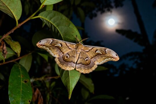 A large moth with intricate wing patterns rests on green leaves under a full moon at night.