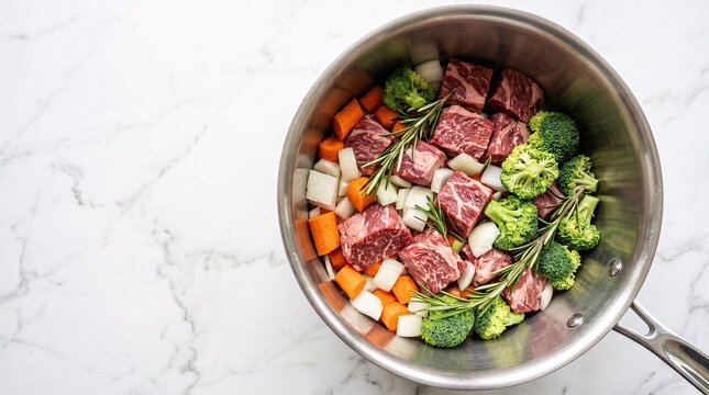 Stainless steel pot holds raw beef chunks, carrots, onions, broccoli and rosemary on white marble, fresh ingredients ready for hearty stew.