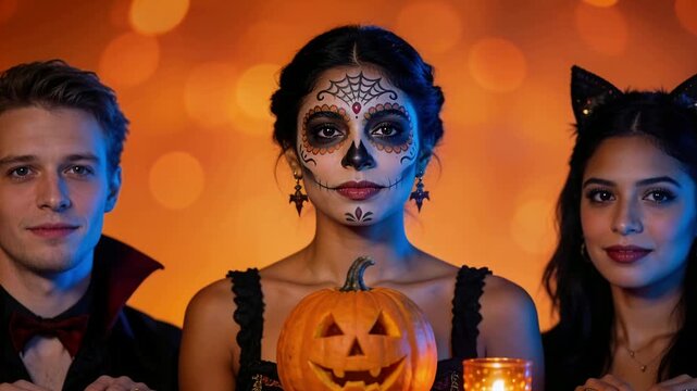 Posing sugar-skull woman with vampire and cat ears pal at table, pumpkin votive flickering for par