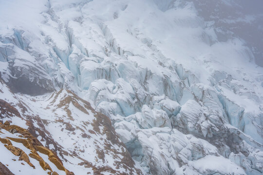 Snow-covered glacier on Cayambe volcano in Ecuador