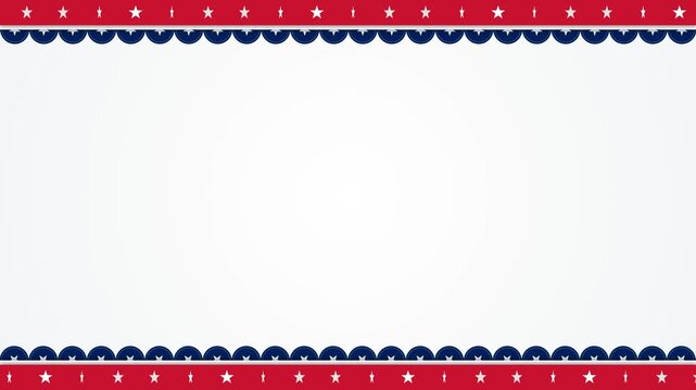 Clean white background with sliding red and blue starry bunting borders. This seamless looping motion graphic is ideal for USA patriotic, election, or political video presentations.