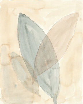 Soft Abstract Watercolor Painting Featuring Overlapping Organic Leaf Shapes in Muted Earth Tones and Neutral Pastel Blue Hues