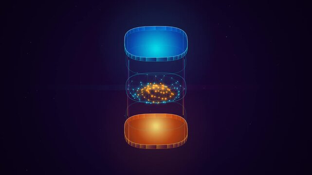 Data Connection HUD Animation with Floating Particle Network and Glowing Blue and Orange UI Panels