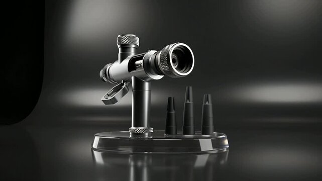 Starting turntable rotating metallic tool in studio, revealing gauge, clip, 3 nozzles for detail