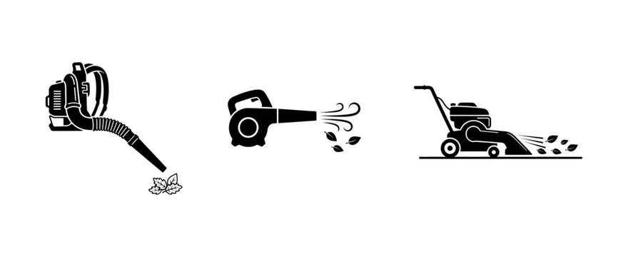 Illustration of three lawn care machines including a lawnmower leaf blower lawn sweeper with garden tools vector, yard maintenance icons