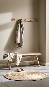 Scandinavian entryway with wooden bench and linen coat on wall hook