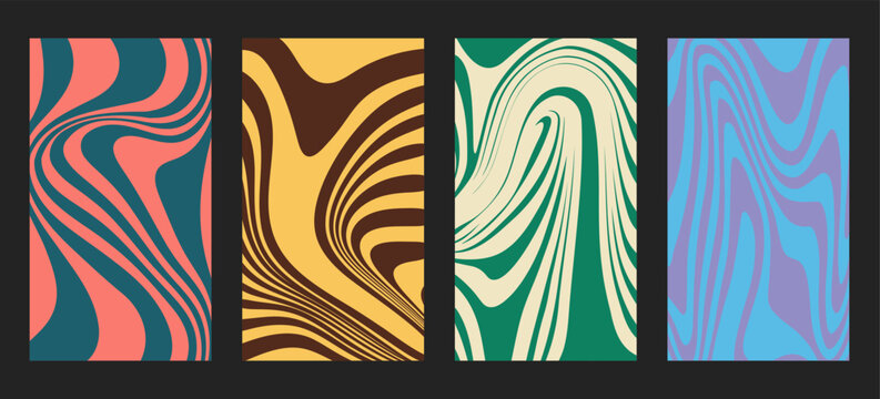 Retro Groovy Background Poster Set Featuring Vector 1970s Psychedelic Wavy Liquid Patterns with Vibrant Coral, Brown, Green, and Blue Curves for Vintage Design