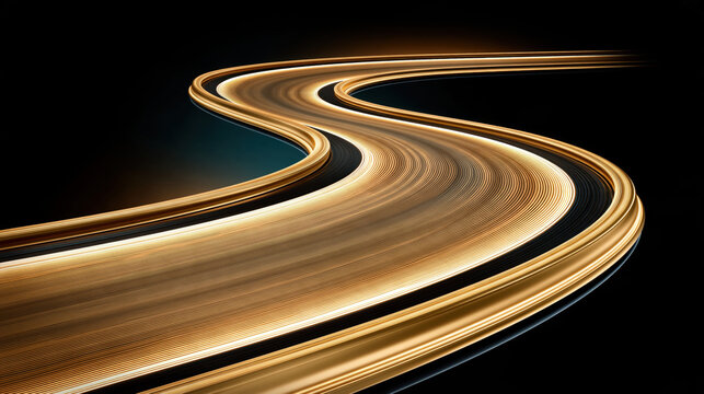 Abstract light trail golden curve black background glowing line motion blur luminous path flowing wave smooth ribbon futuristic road long exposure