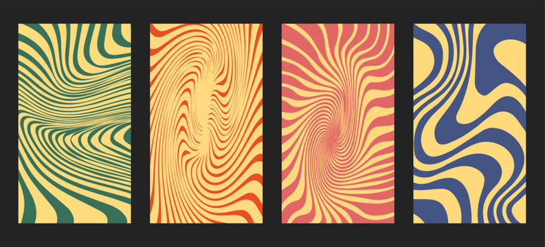 Retro Groovy Background Poster Set Featuring 1970s Psychedelic Wavy Liquid Art Layouts in Teal, Orange, Pink, and Blue