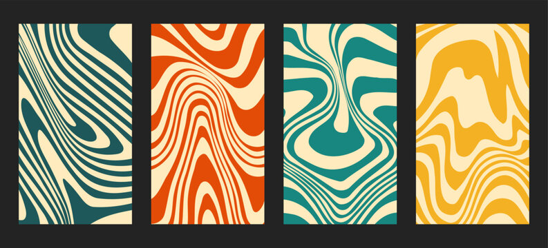 Retro groovy background poster set. Vector 1970s psychedelic wavy liquid patterns
