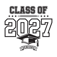 Fototapeta premium Senior Class 2027 Graduation Typography Collection, Class of 2027 Varsity School Spirit Designs with Graduation Cap, Stars and Athletic Lettering