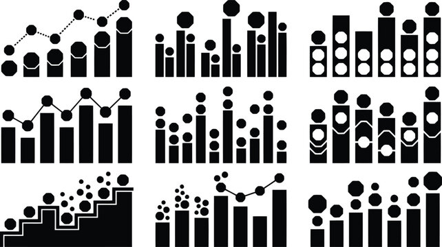 Set of abstract business charts and data visualization with circles, bars, and lines in black on a white background