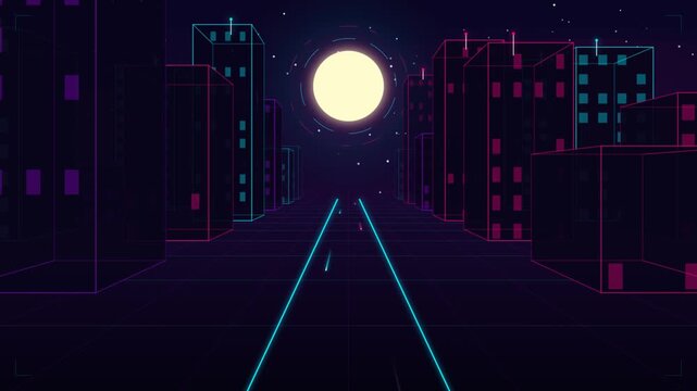 Futuristic Cyberpunk Neon City Road Tunnel Animation With Glowing Moon And Digital Grid Environment