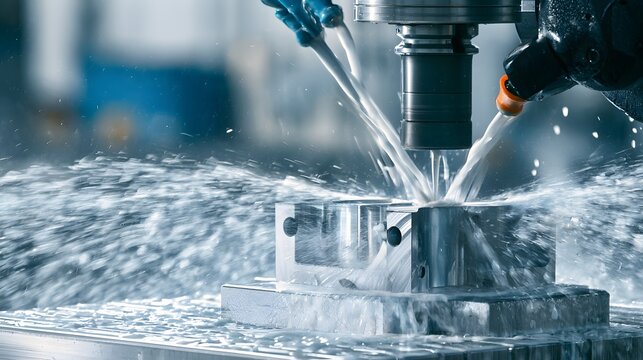 CNC milling machine cutting metal part with coolant spray