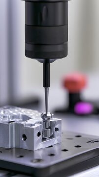 CMM probe measuring machined aluminum part in industrial factory