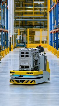 Automated guided vehicle transporting engine block in warehouse